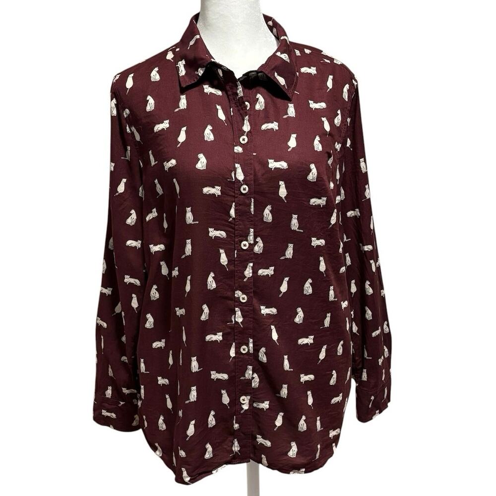 Talbots Size LP PL Large Petite Button Up Top Blouse Novelty Cat Print Cotton